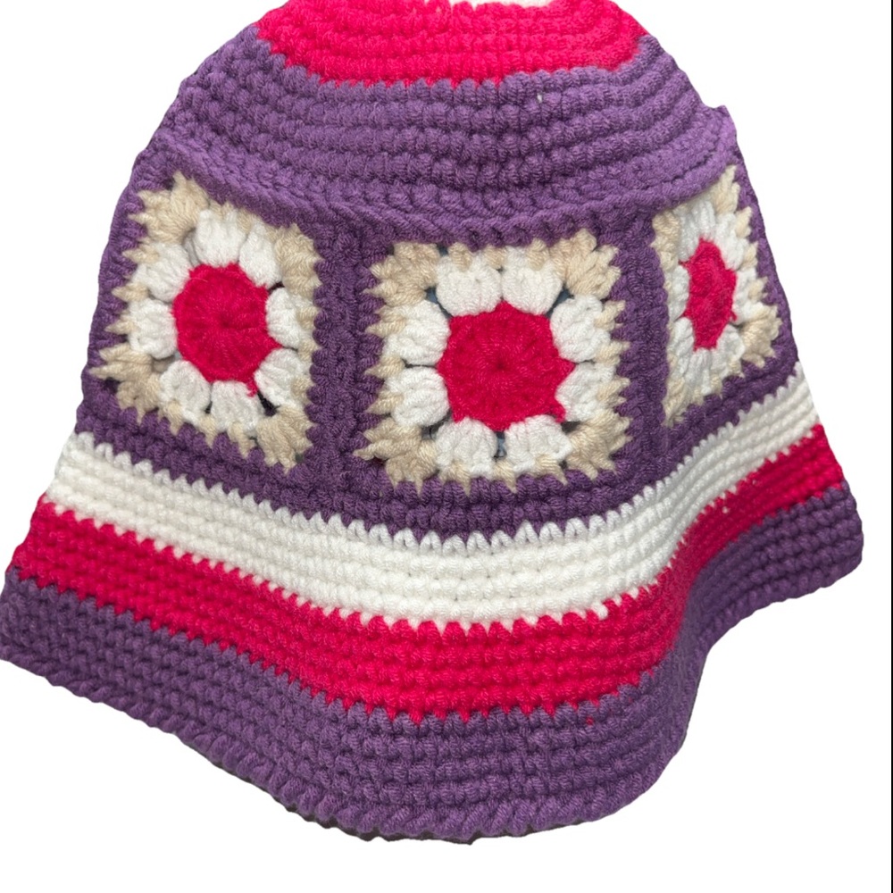 Purple pink KNIT Granny Square BUCKET HAT White Retro Vintage Hippie Handmade OS
